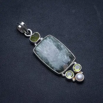 

Natural Seraphinite,Peridot and River Pearl Handmade Boho 925 Sterling Silver Pendant 2 1/4" U0354