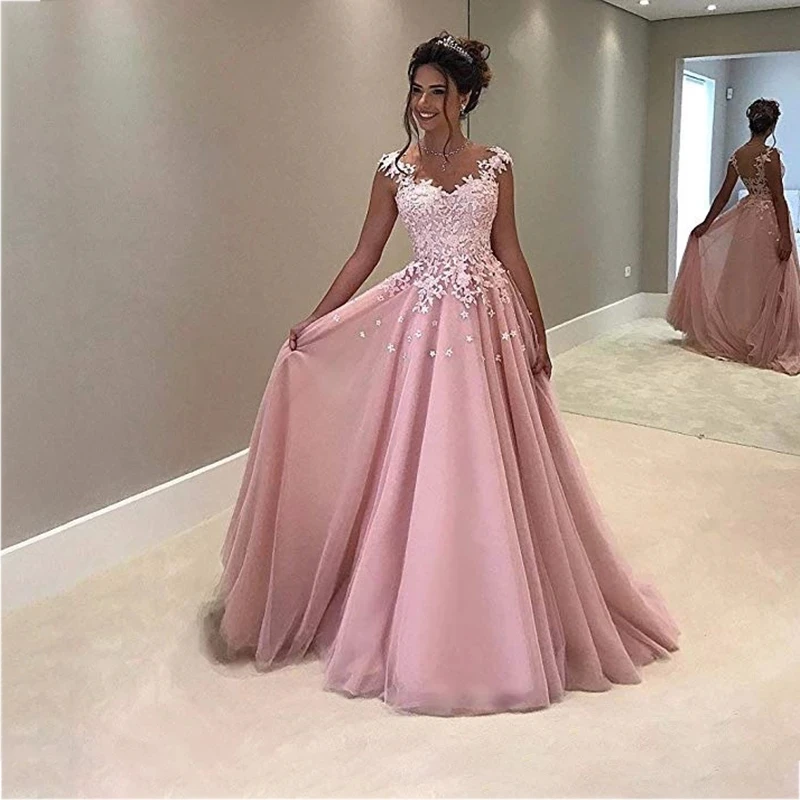 Women's V Neck Princess Pink Tulle Prom Dresses Long Elegant Backless Lace Appliques Evening Party Gowns Vestidos de fiesta navy blue prom dresses
