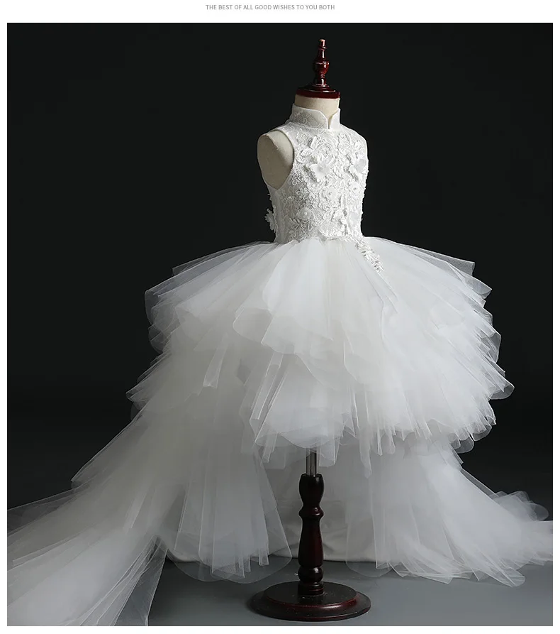 Girls Dress Glizt Long Trailing White Lace First Communion Dress Flower Tulle Ball Gown Girls Pageant Gown Flower Girl Dress for Weddings