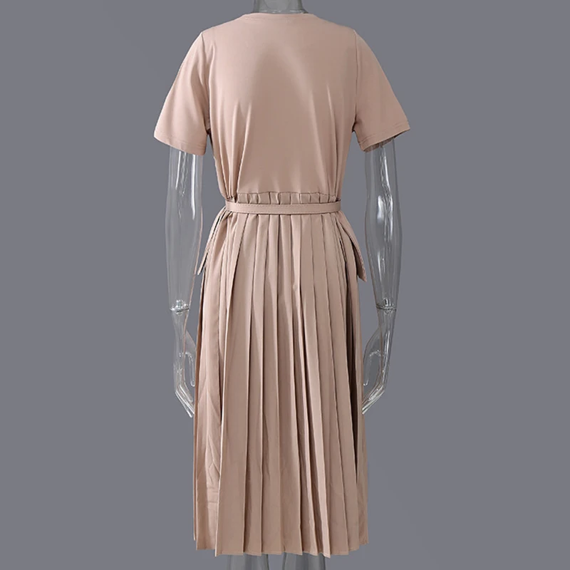 H6f64838529f840f0a263068eb161570ex - Summer O-Neck Short Sleeves Asymmetrical Pleated Dress with Belt