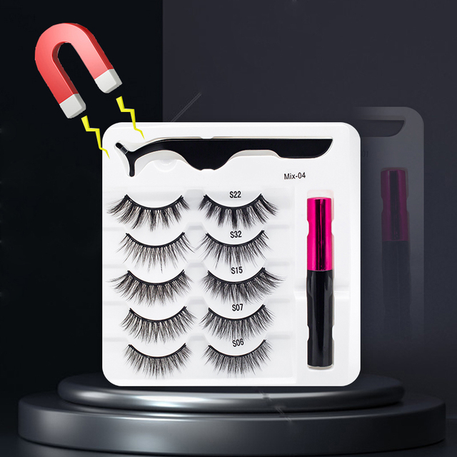 3/5/7Pairs Magnetic Eyelashes False Lashes Repeated Use Eyelashes Waterproof Liquid Eyeliner With Tweezer Makeup Set