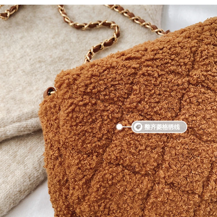 Elegant Female Plaid Crossbody Bag Winter New Quality Soft Plush Women's Designer Handbag Lock Chain Shoulder Messenger Bag