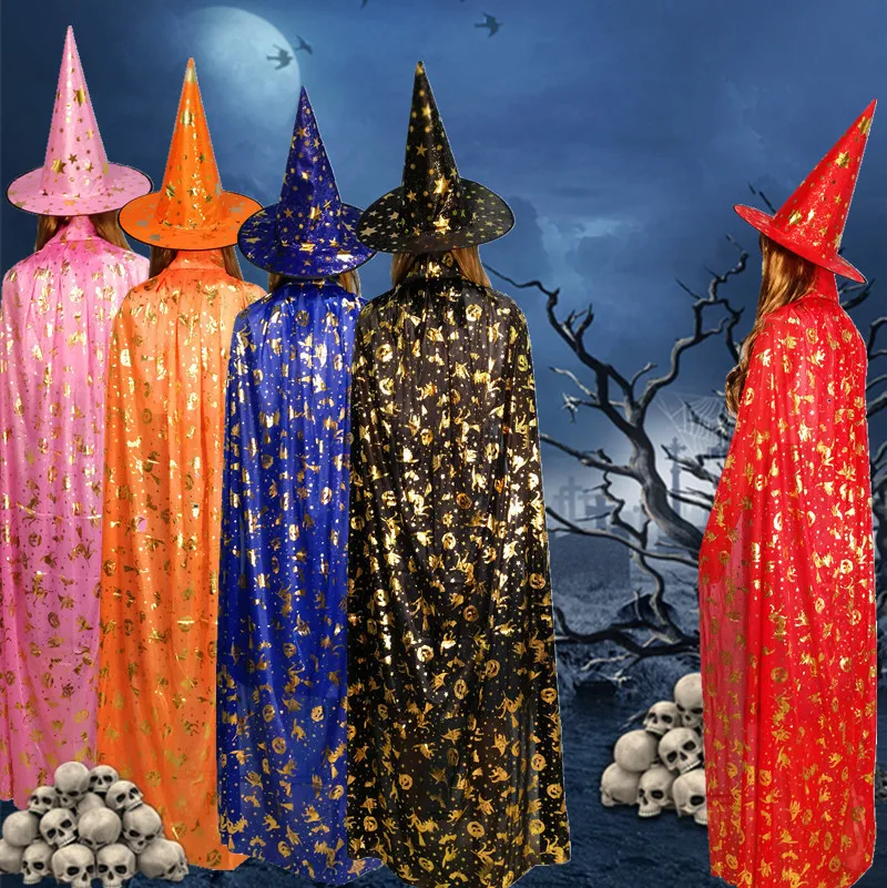 Adult Kids Halloween Costume Bronzing Witch Cloak Cape Hat Girls Boys Cosplay Costume Party Props Halloween Decoration Birthday