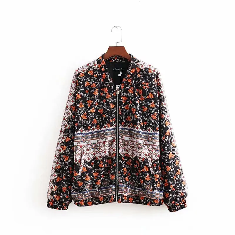 

2019 Women Vintage patchwork print loose jacket ladies pockets long sleeve casual flight jacket stand collar outwear Coat CT268