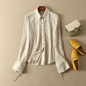 

Women Shirt Nylon Blend Knit Fabric Kent Collar Drawstring Flared Sleeve Blouse