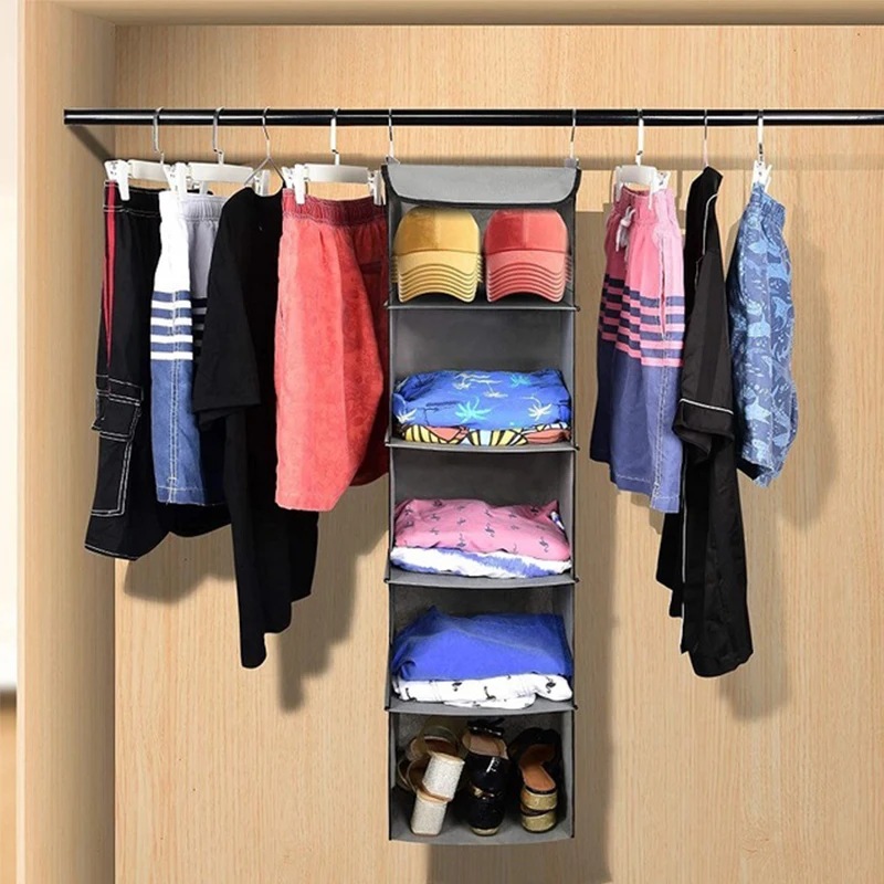 5 Pockets Hanging Closet Organizer Wardrobe Foldable Clothes Storage Shelves US 
