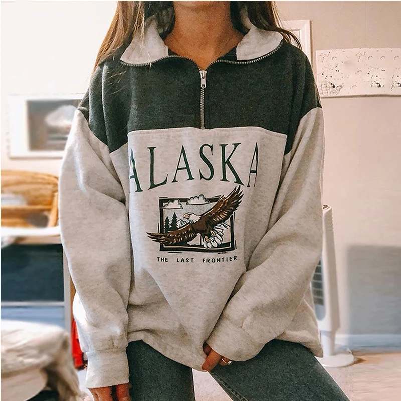 

Fashion Women's Cotton Stand Collar Half Zipper Letter Printing Long Sleeve Sweatshirts Vintage Grey Casual Loose Sweatshirt
