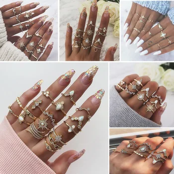 

New Design Vintage Gold Crown Star Moon Rings Set For Women Bohemian Opal Crystal Charm Joint Ring Party Wedding Jewelry Gift