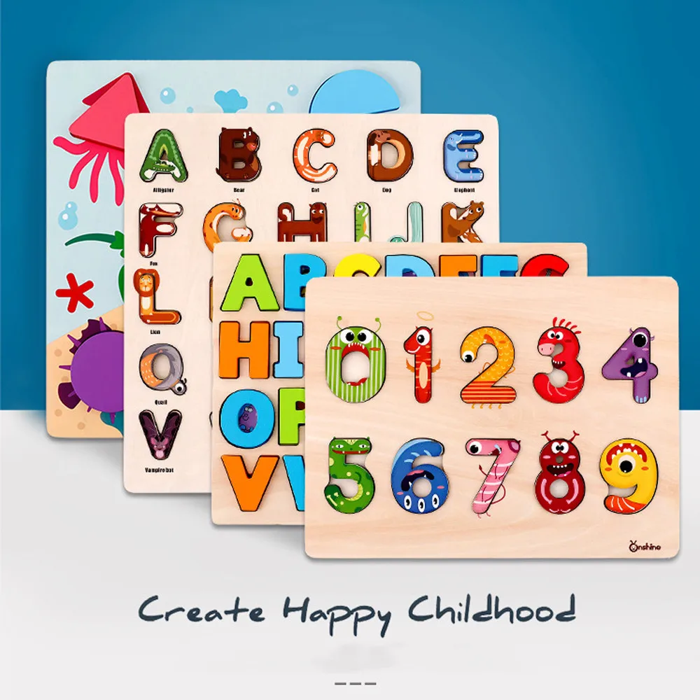 Alphabet Wooden Puzzle Board Boy Girl Educational Toy cartoon numeral Learning Education Interesting Wooden Toys #D