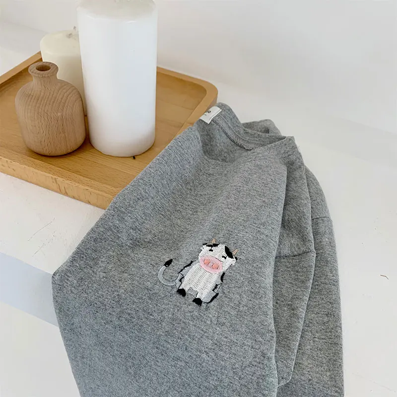 С рисунком из мультфильма, с нашивками в виде животных Женская Футболка harajuku Kawaii забавная Базовая хлопковая футболка на осень в Корейском стиле Chic свободные с длинным рукавом Femme - Цвет: Flecking gray