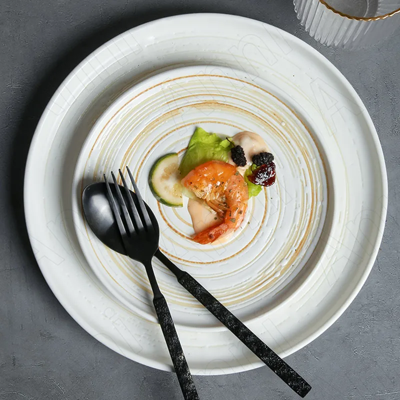 

Европейские керамические тарелки, окрашенные рельефные украшения, блюда для западного стейка, ретро вращающаяся текстура, искусственная кухонная посуда