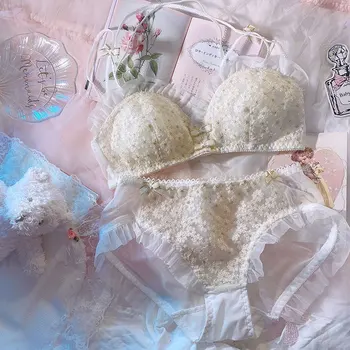 

French Princess Japanese Sexy Underwear Set Soft Girl Sweet Lolita Small Fresh Flower Embroidered Daisy Lace Bra & Brief Set