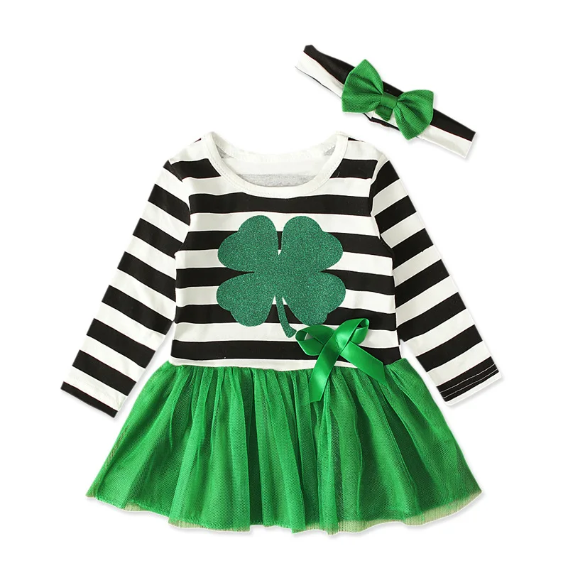Vestido verde para bebé, vestidos de pasto de manga larga + turbante con  lazo, ropa para niños con parches de rayas, conjuntos para niñas|Vestidos|  - AliExpress