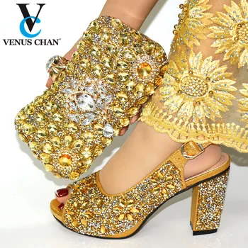 

Golden Color Italian Design Italian Women Shoes and Bag Set Nigerian Ladies Matching Shoes and Bag with Shinning Crystal