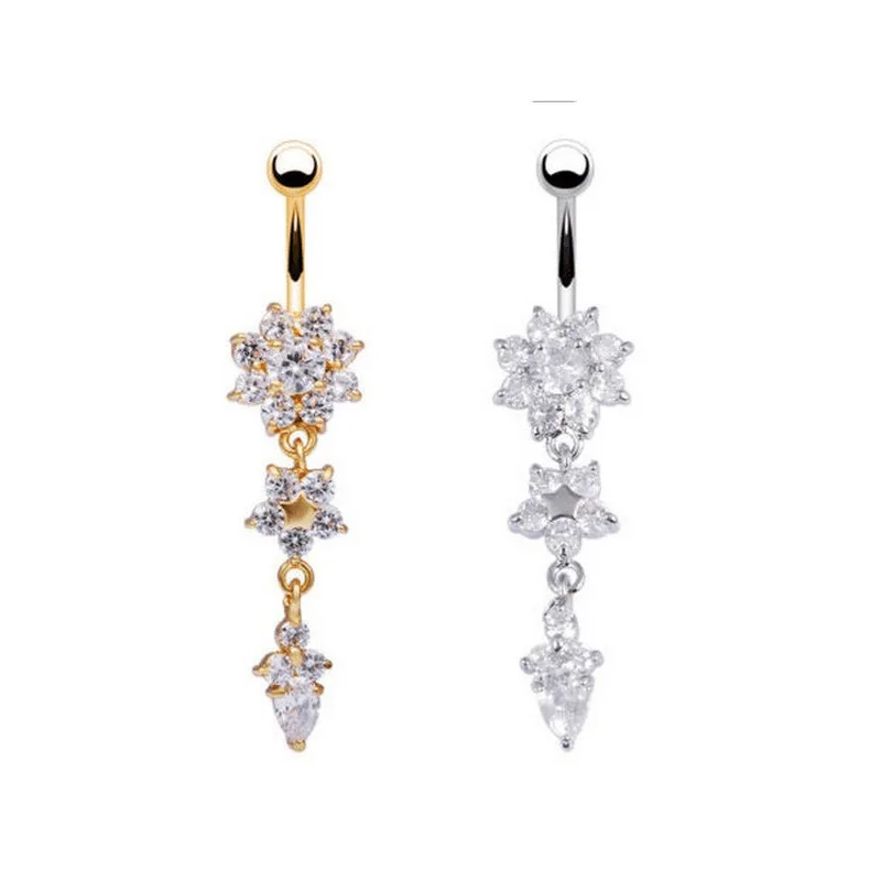 1PCs Sexy Belly Bars Belly Button Rings Belly Piercing Crystal Flower Body Jewelry Navel Piercing Rings Golden Body Accessories