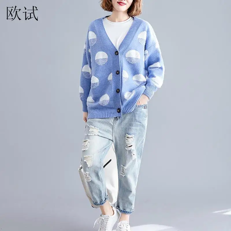 

Plus Size Polka Dot Knitted Cardigan Sweater Women Autumn Winter Sweaters Casual Korean Sueter Mujer Invierno 2020