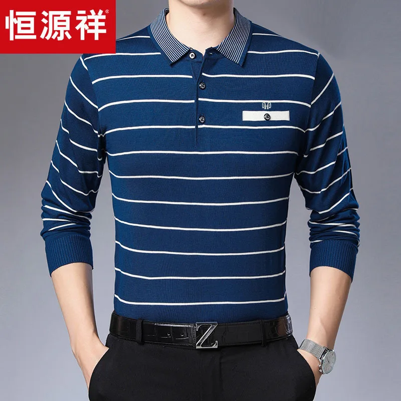 

HYX Genuine Product Spring New Style Long Sleeve T-shirt Fold-down Collar Stripes Knit Low Waist Jersey Tops Middle-aged Men's W