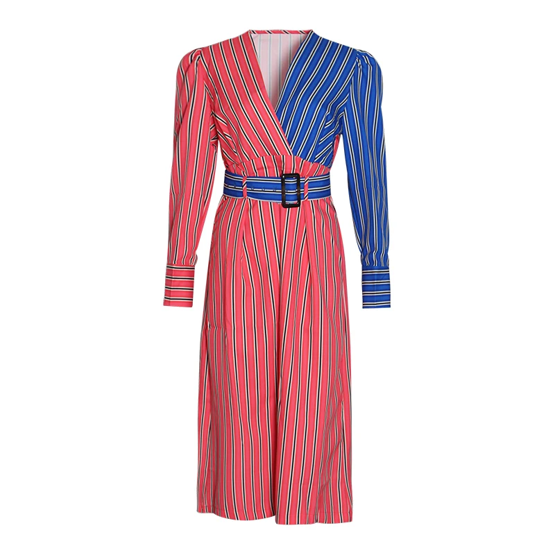 TWOTWINSTYLE Striped The Dress Women V Neck Lantern Sleeve High Waist Sashes Tunic Hit Color Midi Dresses Female Fashion