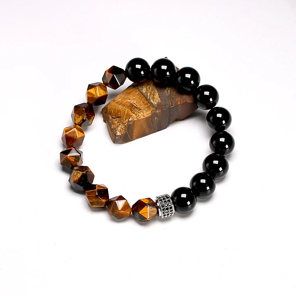 New Men Bracelet Beads Faceted Natural Tiger’s eye Stone Micro Inlaid Charm CZ Bracelets 10MM Men’s Gift Dropship