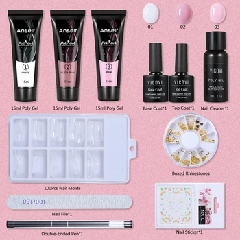 

Anself DIY Nail Extension Set 3 Colors 15ml Poly Gel + 100Pcs Nail Molds + Top&Base Coat + Double-Ended Nail Pen + Nail File