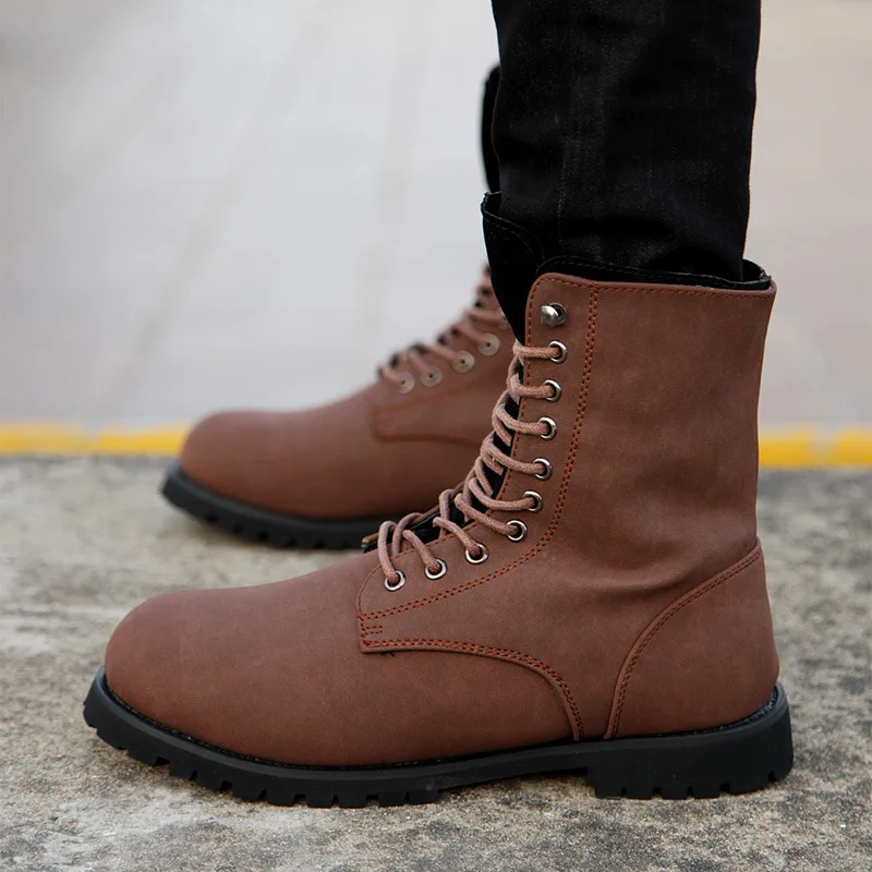 

Fashion Leisure Winter Men Motorcycle Boots Ankle Round Toe Low Lace up Boots Solid Sewing Outdoor Working Shoes