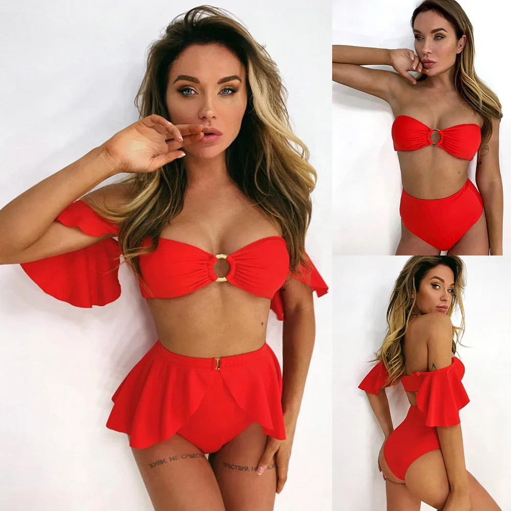 

Bandeau Three-Piece Bikini Sets Sexy Print Removable Ruffle Swimsuit Ring Decor Solid Swimwear Women Beach Bather Bathing Suits