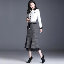 Осень-зима, шерстяная стеганая клетчатая юбка, модная женская юбка, кружевная комбинированная длинная юбка с высокой талией, женские повседневные юбки