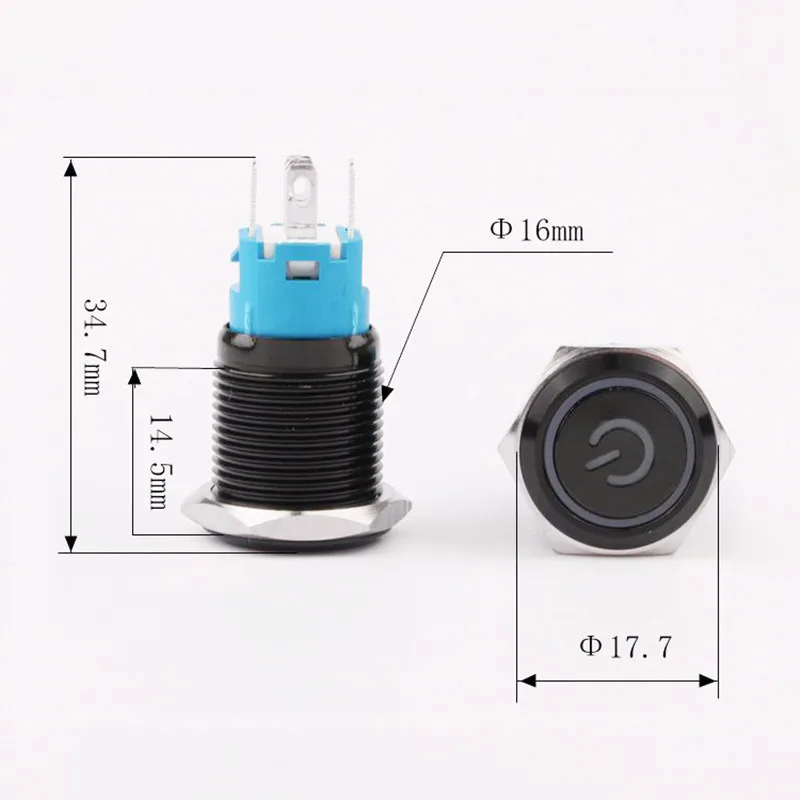 Black Button Switch 16mm Waterproof LED Power Marking Lamp Metal Flat Head Instantaneous/Lock Switch Self-locking/Self-resetting