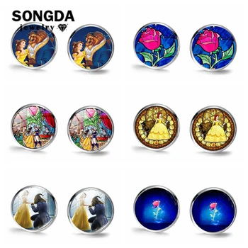 

SONGDA Sweet Fairy Tale Beauty and the Beast Earrings Beauty Princess Cartoon Print Crystal Glass Dome Ear Stud Handmade Jewelry