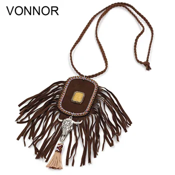

VONNOR Handmade Jewelry Woman Statement Necklace Ethnic Nepal Long Tassel Alloy Cow Head Necklace