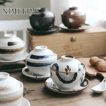 

NIMITIME Japanese Style Ceramic Stew Pot With Lid Steamed Egg Stew Bowl Ceramic Soup Bowl Pot Tableware