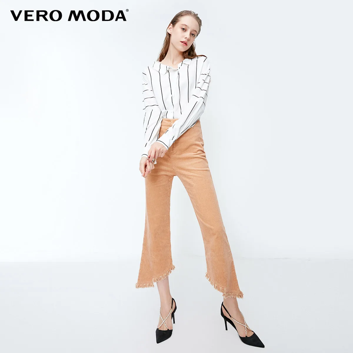 Vero Moda Новые поступления Национальный стиль необработанные манжеты Высокая талия повседневные укороченные брюки | 318450507 - Цвет: Indian tan