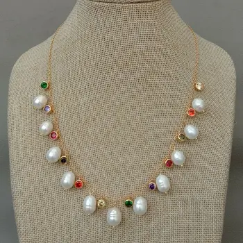 

Freshwater Cultured White Rice Pearl Multi Color Cz pave Chain Necklace 18"