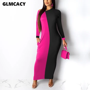 

Women Casual O-neck Patchwork Long Sleeve Long Dress Autumn Streetwear Loose High Waist Ankle-length Dress