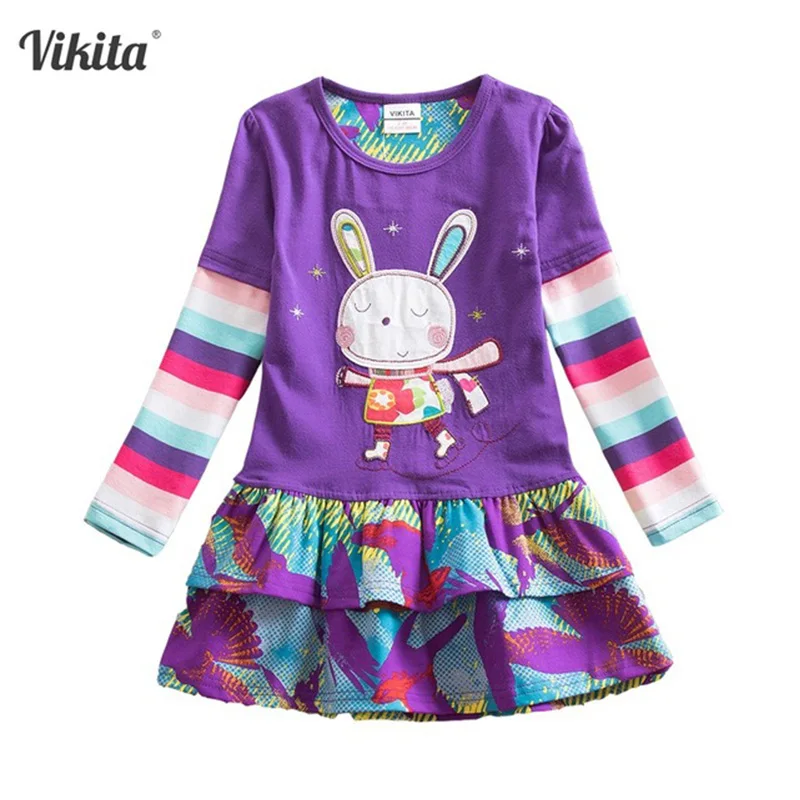 VIKITA Girls Flower Dresses Children Cotton Dress Long Sleeve Autumn Winter Cartoon Kids Dress For Girls Roupa Infantil Menina