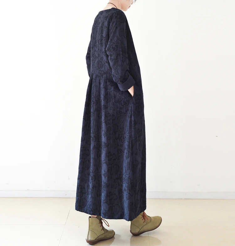 Жаккардовый длинный женский жакет из хлопка и льна размера плюс, Кардиган с длинным рукавом, Осенний винтажный темно-синий жакет, женские зимние свободные пальто