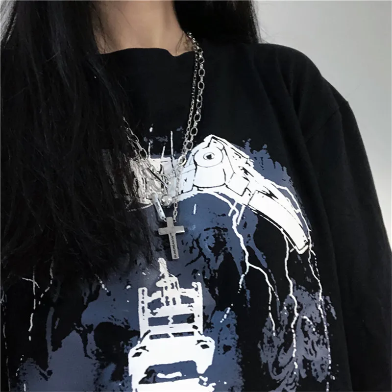 Lychee Harajuku Черная Женская футболка с длинным рукавом темно-рок с буквенным принтом Осенняя женская футболка с круглым вырезом свободные женские футболки