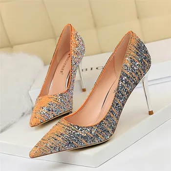 

BIGTREE Fashion Bling Women Thin Heel Pointed Toe Ladies Pumps Sexy Party Dress Women's Shoes Shallow Metal Nightclub High Heel