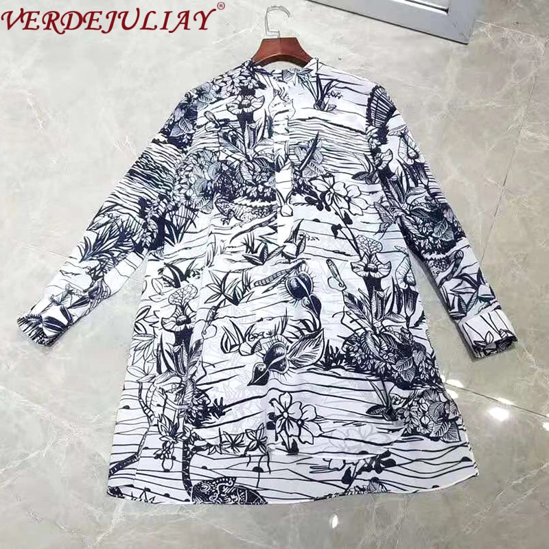 VERDEJULIAY High Street дизайнерская Длинная женская рубашка Весна Топ Качество чистый шелк французский стиль романтическая блузка с принтом