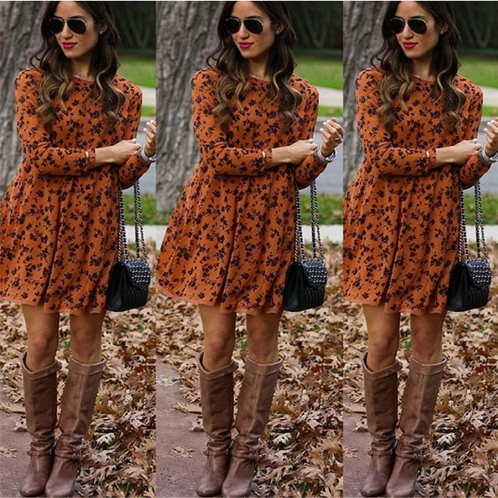 Fashion Women Dress Floral Printing Elastic Waist O-Neck Loose Long Sleeves Female Autumn Winter Party Dress Vestidos