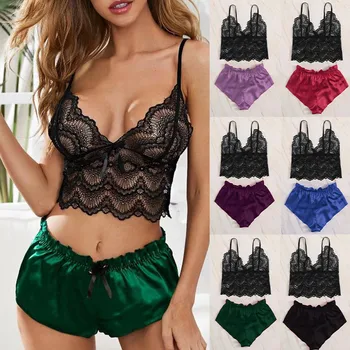 

DUOBLA pijamas women Sets pijama Summer sleepwear shorts Pajamas Lace Silk black Sexy V-Neck Lingerie Underwear nightgown