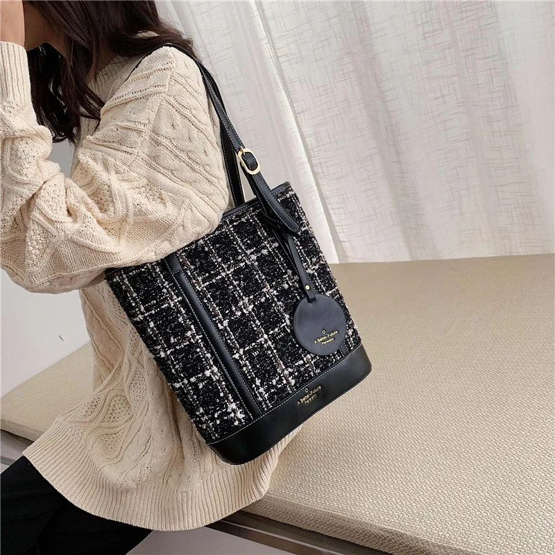 

INS Shoulder Big Bag Women's 2019 New Style Fashion Korean-style Woolen Cloth Handbag Simple Fashion Large Capacity Tote Bag