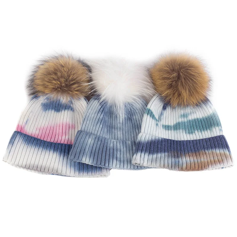 

Geebro Women Winter Warm Knitted Tie Dye Street Kpop Beanies With Real Fur Balls Hats Sale Men Thicken Crochet Soft Skullies Cap