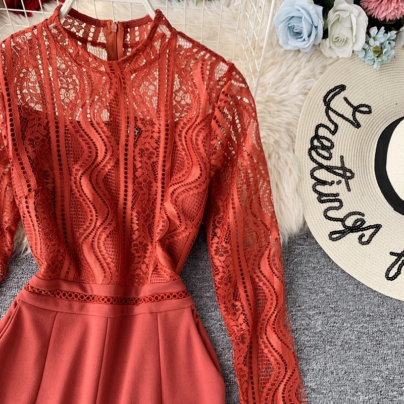 Autumn Fashion Sexy Lace Hollow Stitching Wide-legged High Waist Long Sleeve Jumpsuits Women Solid Color Elegant Overalls J897