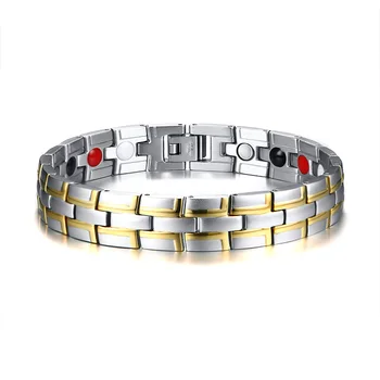 

wholesale gold and silvercolor natural germanium stones healty magnetic bracelet for men stainless steel jewelry