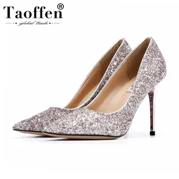 

Taoffen Women Brand Pumps Party Wedding Bling Fashion High Heel Shoes Women Pointed Toe Dancing Shallow Pumps Size 33-40