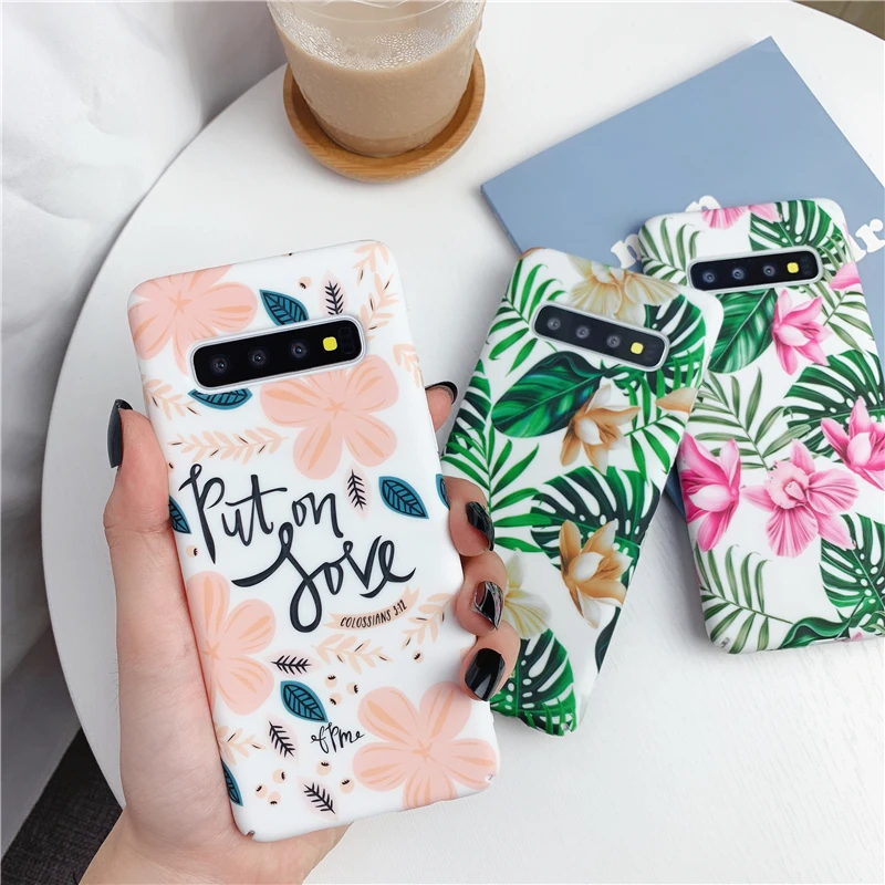

Fashion Luminous Phone Case For Samsung Galaxy S8 S9 S10 Plus NOTE 8 9 10 A50 A70 A5 2017 A7 2018 Flower Palm Leaf Hard PC Cover