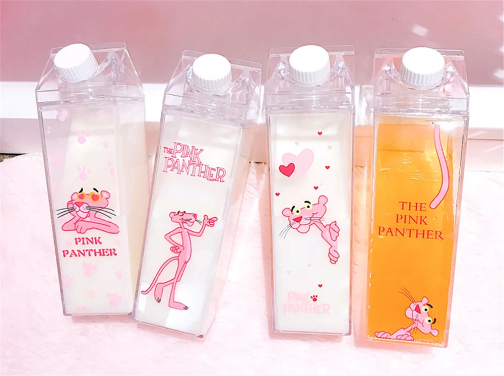 Мультяшная Розовая пантера, бутылки для воды в форме молока, студенческие чашки для переноски, пластиковая бутылка для напитков с леопардовым принтом для сока, кофе, чая, 450 мл