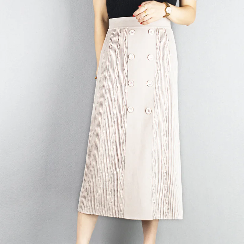 

2020 High Waist Knitted Winter A-Line Long Fashion Button Decorated Women Autumn Brown Skirt Faldas Jupe Femme Saia