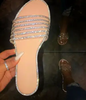 

Spring Summer Shoes Women Casual Khaki Diamonds Sandals Crystal Shiny Slip-On Ladies Flat Sandals Outdoor Holiday Slides 9108
